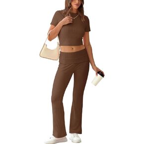 XIEERDUO 2 Piece Lounge Sets For Women Casual Short Sleeve Crop Tops Long Fold Over Flare Pants Y2K Comfy Outfits