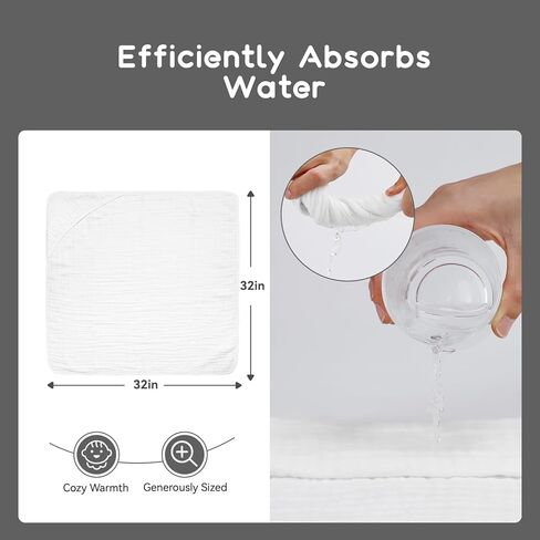 مناشف أطفال بغطاء رأس للرضع والأطفال الصغار، منشفة حمام أطفال من الموسلين ناعمة وذات قدرة على الامتصاص للأولاد والبنات (عبوة واحدة باللون الأبيض النقي) in Kuwait