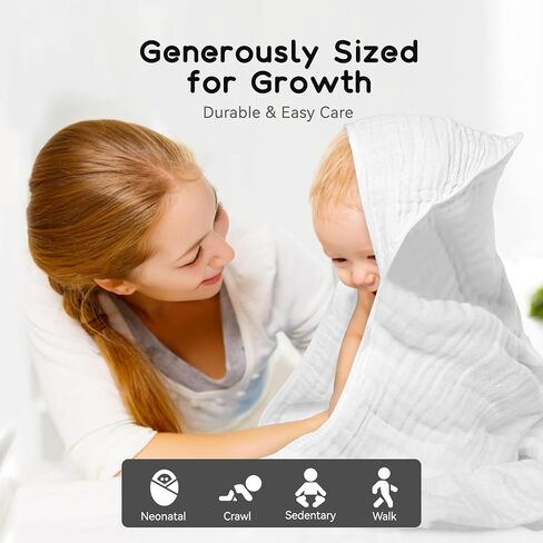 مناشف أطفال بغطاء رأس للرضع والأطفال الصغار، منشفة حمام أطفال من الموسلين ناعمة وذات قدرة على الامتصاص للأولاد والبنات (عبوة واحدة باللون الأبيض النقي) in Kuwait