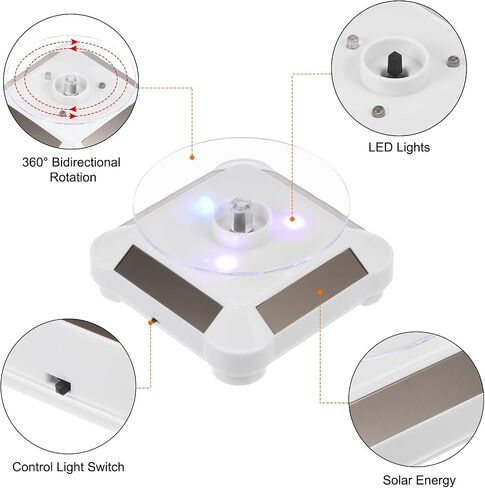 Solar Display Stand Turntable 3.54" Plate Dia Battery Double Use LED Light 360° Two-Way Rotating ABS Plastic Automatic Revolving Display for 3D Print Jewelry Displaying, White in Saudi Arabia