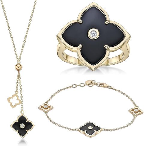 Lavari Jewelers Onyx and CZ Flower Bracelet w Pendant Necklace and Ring Size 7 I Silver w Yellow Gold Plating Jewelry Set I 16 to 18 Inch Adjustable Chain w Lobster Claw I 7 to 8 Inch Bracelet in Saudi Arabia