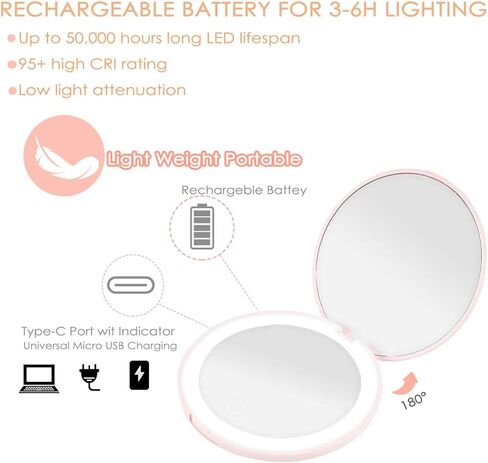 مرآة جيب مضيئة بإضاءة LED، مرايا مكياج مكبرة 1X/3X على الوجهين، قابلة لإعادة الشحن وقابلة للتعتيم، مرآة تجميل ذكية تعمل باللمس على الطاولة والمكتب، مرآة تجميل قابلة للتعديل in Kuwait