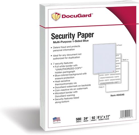 ورق أمان DocuGard Advanced Blue متعدد الأغراض، 7 ميزات، 8.5 × 11 بوصة، 24 رطل، 500 ورقة (04546) in Kuwait