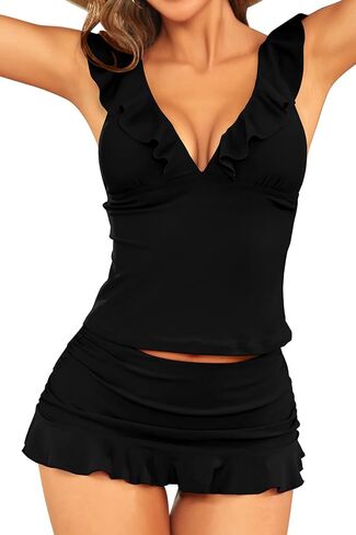 SHEKINI Two Piece Tankini Swimsuits for Women V Neck Ruffled Bathing Suits Tummy Control Swimwear with Skirt in Saudi Arabia