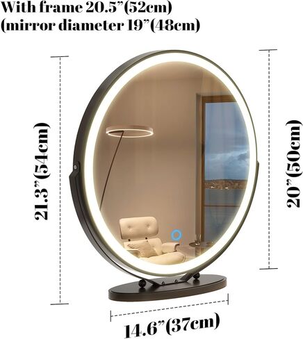 مرآة مكياج مقاس 20 بوصة من Vlsrka مع أضواء، مرآة مكياج LED مستديرة، مرآة مكياج كبيرة مع أضواء، مرآة مضيئة عالية الوضوح لغرفة النوم، تحكم باللمس 3 ألوان قابلة للتعتيم، دوران 360 درجة، ذهبي in Kuwait