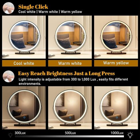 مرآة مكياج مقاس 20 بوصة من Vlsrka مع أضواء، مرآة مكياج LED مستديرة، مرآة مكياج كبيرة مع أضواء، مرآة مضيئة عالية الوضوح لغرفة النوم، تحكم باللمس 3 ألوان قابلة للتعتيم، دوران 360 درجة، ذهبي in Kuwait