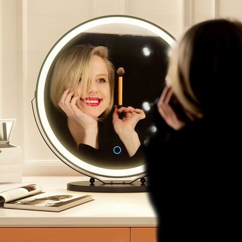 مرآة مكياج مقاس 20 بوصة من Vlsrka مع أضواء، مرآة مكياج LED مستديرة، مرآة مكياج كبيرة مع أضواء، مرآة مضيئة عالية الوضوح لغرفة النوم، تحكم باللمس 3 ألوان قابلة للتعتيم، دوران 360 درجة، ذهبي in Kuwait