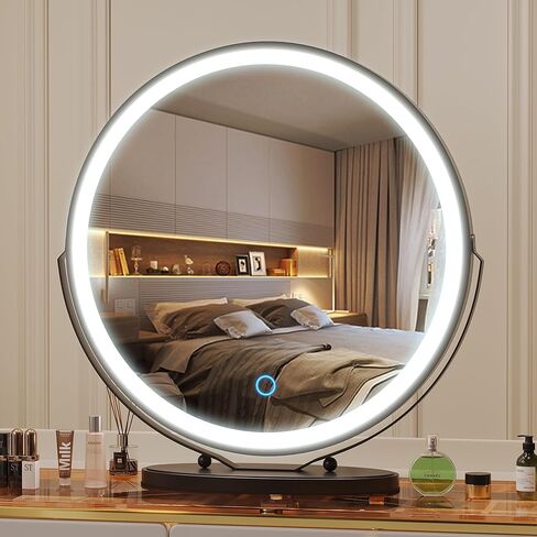 مرآة مكياج مقاس 20 بوصة من Vlsrka مع أضواء، مرآة مكياج LED مستديرة، مرآة مكياج كبيرة مع أضواء، مرآة مضيئة عالية الوضوح لغرفة النوم، تحكم باللمس 3 ألوان قابلة للتعتيم، دوران 360 درجة، ذهبي in Kuwait