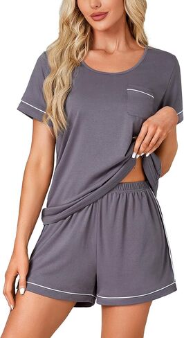 Rooscier Women's Pajama Set Short Sleeve Scoop Neck Pocket Top With Shorts Sleepwear in Saudi Arabia