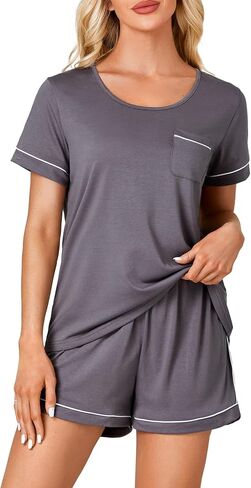 Rooscier Women's Pajama Set Short Sleeve Scoop Neck Pocket Top With Shorts Sleepwear in Saudi Arabia