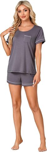 Rooscier Women's Pajama Set Short Sleeve Scoop Neck Pocket Top With Shorts Sleepwear in Saudi Arabia