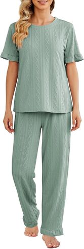 طقم بيجامة حريمي من POKWAI قطع علوية ناعمة بأكمام قصيرة مع سراويل طويلة فضفاضة مريحة مكونة من قطعتين بيجامة نوم للسيدات in Kuwait