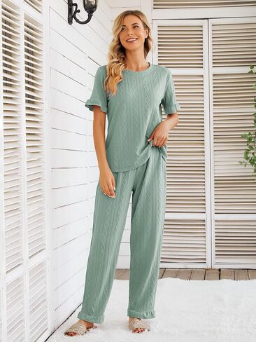 طقم بيجامة حريمي من POKWAI قطع علوية ناعمة بأكمام قصيرة مع سراويل طويلة فضفاضة مريحة مكونة من قطعتين بيجامة نوم للسيدات in Kuwait