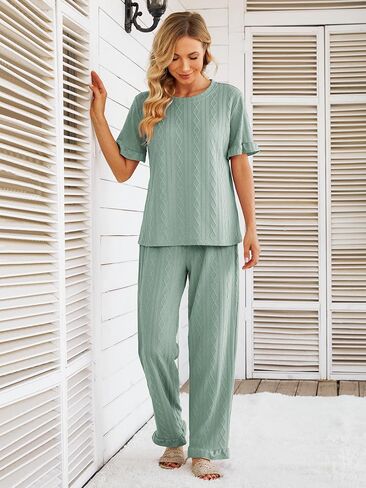 طقم بيجامة حريمي من POKWAI قطع علوية ناعمة بأكمام قصيرة مع سراويل طويلة فضفاضة مريحة مكونة من قطعتين بيجامة نوم للسيدات in Kuwait