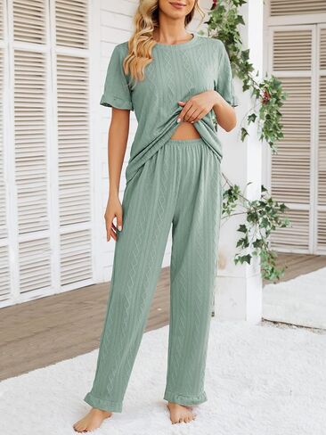 طقم بيجامة حريمي من POKWAI قطع علوية ناعمة بأكمام قصيرة مع سراويل طويلة فضفاضة مريحة مكونة من قطعتين بيجامة نوم للسيدات in Kuwait