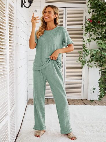 طقم بيجامة حريمي من POKWAI قطع علوية ناعمة بأكمام قصيرة مع سراويل طويلة فضفاضة مريحة مكونة من قطعتين بيجامة نوم للسيدات in Kuwait