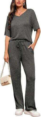 Women's Ribbed Knit Lounge Sets Two Piece Short Sleeve V Neck Sweater Matching Pajama Set Tops and Long Pants in Saudi Arabia