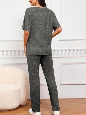 Women's Ribbed Knit Lounge Sets Two Piece Short Sleeve V Neck Sweater Matching Pajama Set Tops and Long Pants in Saudi Arabia
