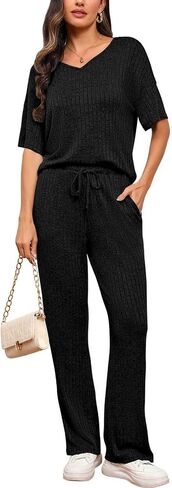 Women's Ribbed Knit Lounge Sets Two Piece Short Sleeve V Neck Sweater Matching Pajama Set Tops and Long Pants in Saudi Arabia