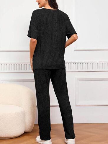 Women's Ribbed Knit Lounge Sets Two Piece Short Sleeve V Neck Sweater Matching Pajama Set Tops and Long Pants in Saudi Arabia