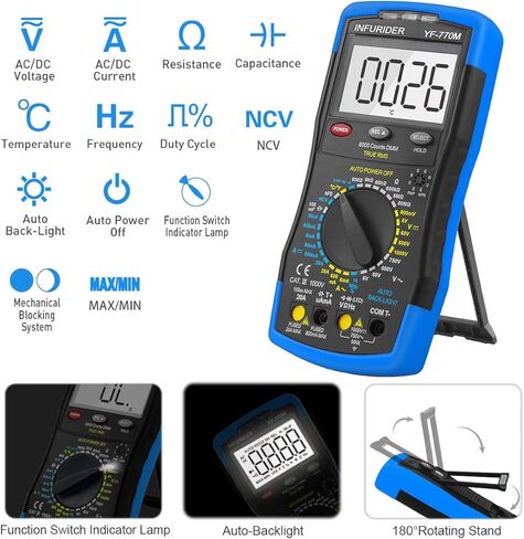 Digital Multimeter,Infurider YF-770M 6000 Counts Manual and Manual Range AC/DC Voltage Amp Ohmmeter Tester Meter with Diode Continuity,Cap,Temp and Mechanical Protection in Saudi Arabia