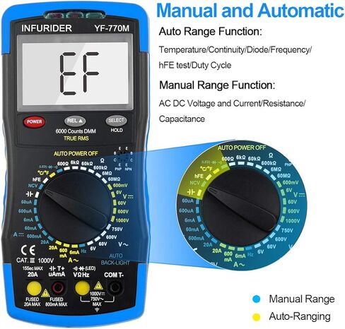 Digital Multimeter,Infurider YF-770M 6000 Counts Manual and Manual Range AC/DC Voltage Amp Ohmmeter Tester Meter with Diode Continuity,Cap,Temp and Mechanical Protection in Saudi Arabia