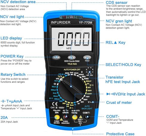 Digital Multimeter,Infurider YF-770M 6000 Counts Manual and Manual Range AC/DC Voltage Amp Ohmmeter Tester Meter with Diode Continuity,Cap,Temp and Mechanical Protection in Saudi Arabia