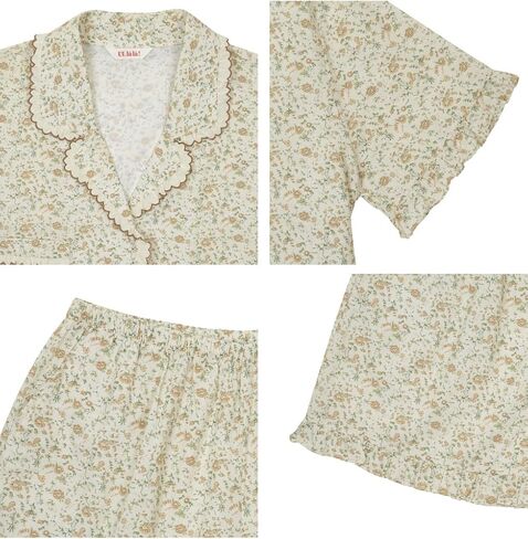 ULLALA Pajamas for Women Vintage Sets Delia Short sleeve Pair Cream Button Down Soft Sleepwear 2Piece 3Size Cotton in Kuwait