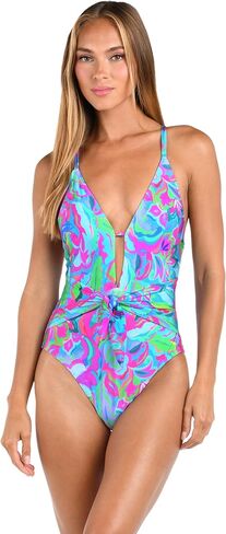 Sunshine 79 Women's Standard Over The Shoulder Keyhole Deep Plunge One Piece Swimsuit, Multi//Hang Loose, 6 in Saudi Arabia