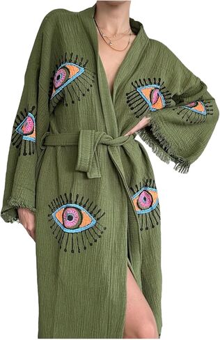 Pinus Evil Eye Kimono Robe Hand Painted, 100% Cotton, Robe, Loungewear, housecoat One Size Fits XS-L in Saudi Arabia