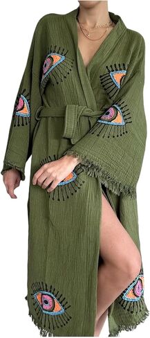 Pinus Evil Eye Kimono Robe Hand Painted, 100% Cotton, Robe, Loungewear, housecoat One Size Fits XS-L in Saudi Arabia