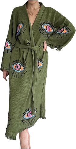 Pinus Evil Eye Kimono Robe Hand Painted, 100% Cotton, Robe, Loungewear, housecoat One Size Fits XS-L in Saudi Arabia