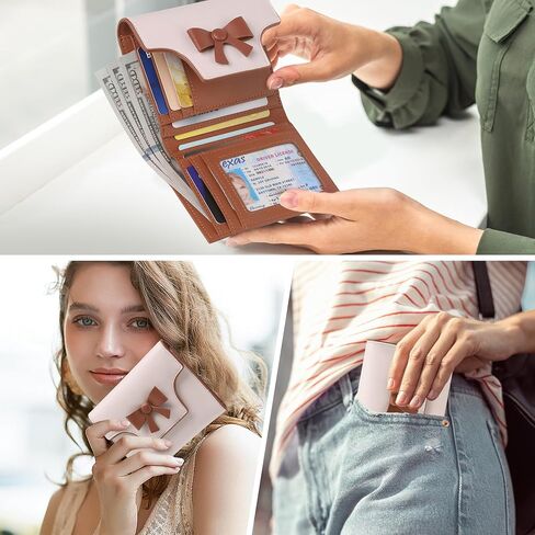 محفظة صغيرة للنساء لطيف bowknot RFID حظر Bifold الجلود حامل بطاقة الائتمان حامل محفظة محفظة سيدة الفتيات المصغرة مع جيب السوستة in Kuwait