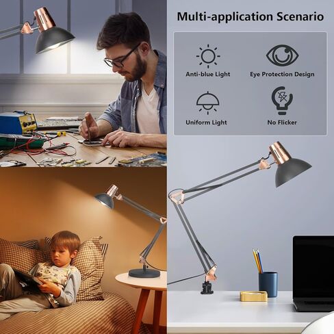FIRVRE Metal Desk Lamp Adjustable Goose Neck Architect Table Lamp Sandy Black Tall Reading Light Swing Arm Desk Lamp with Clamp Eye-Caring for Bedroom Bedside Study Home Office Library Workplace in Kuwait
