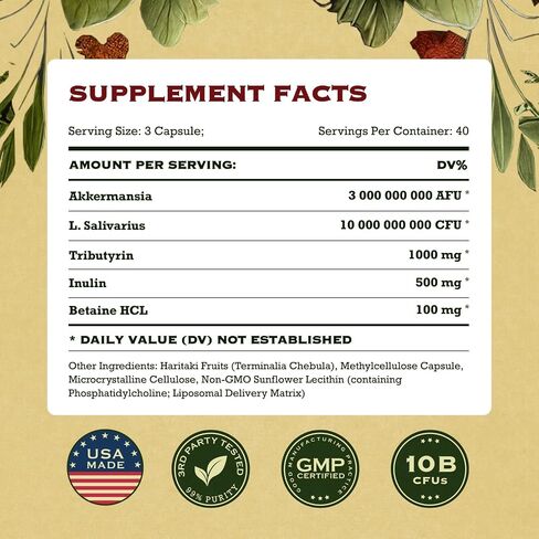 Akkermansia Muciniphila Probiotic - 10 مليار CFU GLP-1 معزز مع Lactobacillus Salivarius، Betaine HCL، Inulin، Tributyrin - مكمل ألياف لصحة الأمعاء وإدارة الوزن in Saudi Arabia