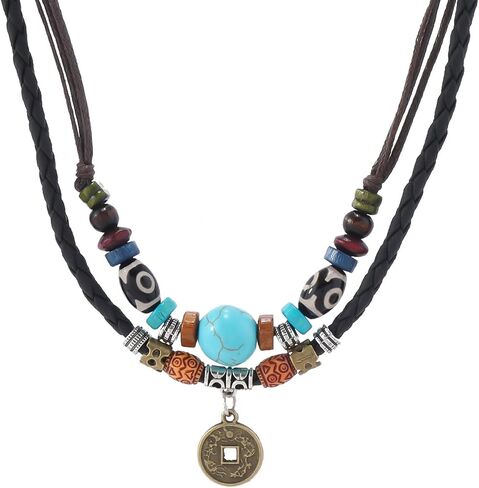 Hetica Western Layered Boho Wood Beads قلادة قلادة الحظ Luck Copper Coins على شكل قلب زهرة مضفر قلادة رجع in Kuwait