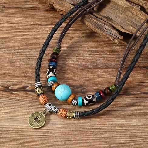 Hetica Western Layered Boho Wood Beads قلادة قلادة الحظ Luck Copper Coins على شكل قلب زهرة مضفر قلادة رجع in Kuwait