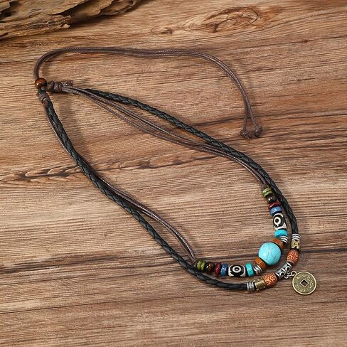 Hetica Western Layered Boho Wood Beads قلادة قلادة الحظ Luck Copper Coins على شكل قلب زهرة مضفر قلادة رجع in Kuwait