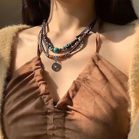 Hetica Western Layered Boho Wood Beads قلادة قلادة الحظ Luck Copper Coins على شكل قلب زهرة مضفر قلادة رجع in Kuwait