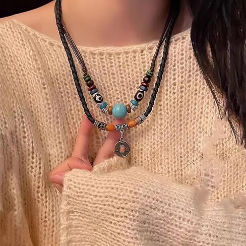 Hetica Western Layered Boho Wood Beads قلادة قلادة الحظ Luck Copper Coins على شكل قلب زهرة مضفر قلادة رجع in Kuwait