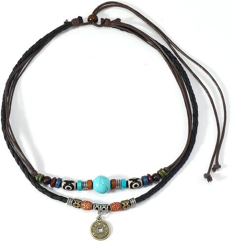 Hetica Western Layered Boho Wood Beads قلادة قلادة الحظ Luck Copper Coins على شكل قلب زهرة مضفر قلادة رجع in Kuwait