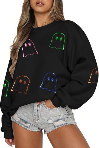 MAXIMGR Halloween Sweatshirts for Women Sequin Ghost Pumpkin Sweatshirt Funny Spooky Season Shirt Sparkle Fall Pullover Tops in Saudi Arabia