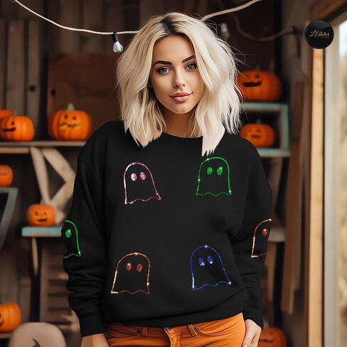 MAXIMGR Halloween Sweatshirts for Women Sequin Ghost Pumpkin Sweatshirt Funny Spooky Season Shirt Sparkle Fall Pullover Tops in Saudi Arabia