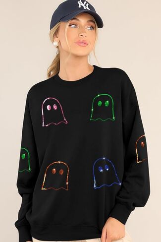 MAXIMGR Halloween Sweatshirts for Women Sequin Ghost Pumpkin Sweatshirt Funny Spooky Season Shirt Sparkle Fall Pullover Tops in Saudi Arabia