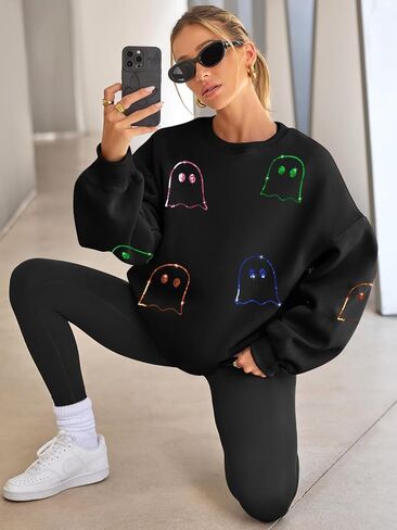 MAXIMGR Halloween Sweatshirts for Women Sequin Ghost Pumpkin Sweatshirt Funny Spooky Season Shirt Sparkle Fall Pullover Tops in Saudi Arabia