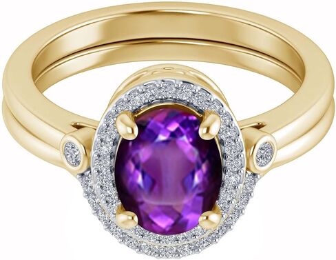 Pretty Jewels Bridal Set Ring, Center 9X7MM Oval Cut Lab Created Gemstone & Natural White Diamond Halo Engagement Wedding Ring In 10k Or 14k Gold Jewelry For Women (2.10 Cttw) in Saudi Arabia