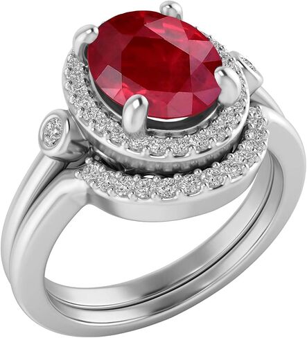 Pretty Jewels Bridal Set Ring, Center 9X7MM Oval Cut Lab Created Gemstone & Natural White Diamond Halo Engagement Wedding Ring In 10k Or 14k Gold Jewelry For Women (2.10 Cttw) in Saudi Arabia