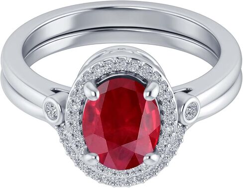 Pretty Jewels Bridal Set Ring, Center 9X7MM Oval Cut Lab Created Gemstone & Natural White Diamond Halo Engagement Wedding Ring In 10k Or 14k Gold Jewelry For Women (2.10 Cttw) in Saudi Arabia