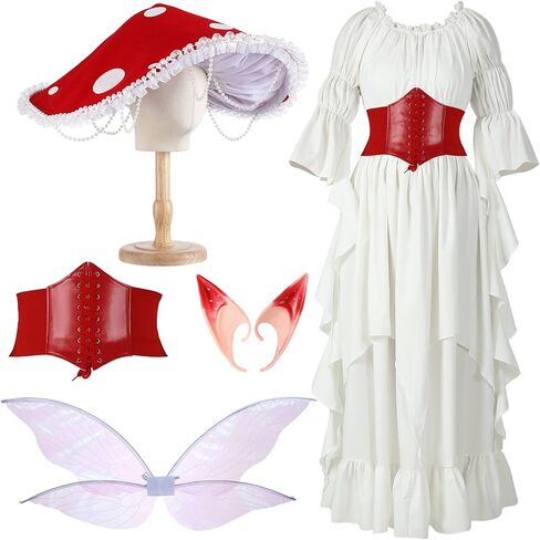 Mepase Renaissance Medieval Costume with Mushroom Hat Cinch Belt Fairy Elf Ear Fairy Butterfly Wings Costume for Cosplay in Saudi Arabia