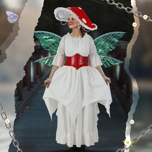 Mepase Renaissance Medieval Costume with Mushroom Hat Cinch Belt Fairy Elf Ear Fairy Butterfly Wings Costume for Cosplay in Saudi Arabia